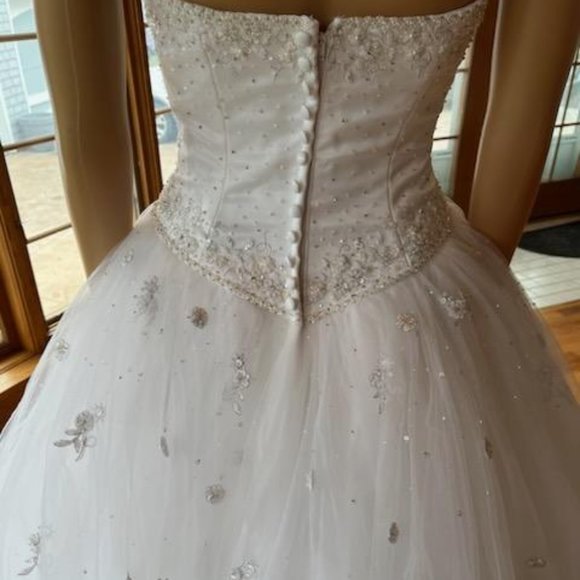 *MoriLee White Beads Strapless Satin Tulle Full Wedding Dress Bridal Gown Size 4 - Picture 12 of 16